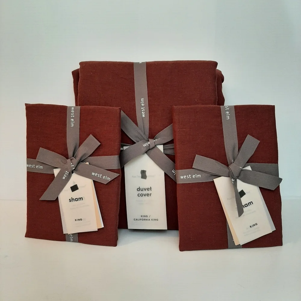 West Elm European Flax Linen King Duvet Cover & 2 King Shams Currant Red